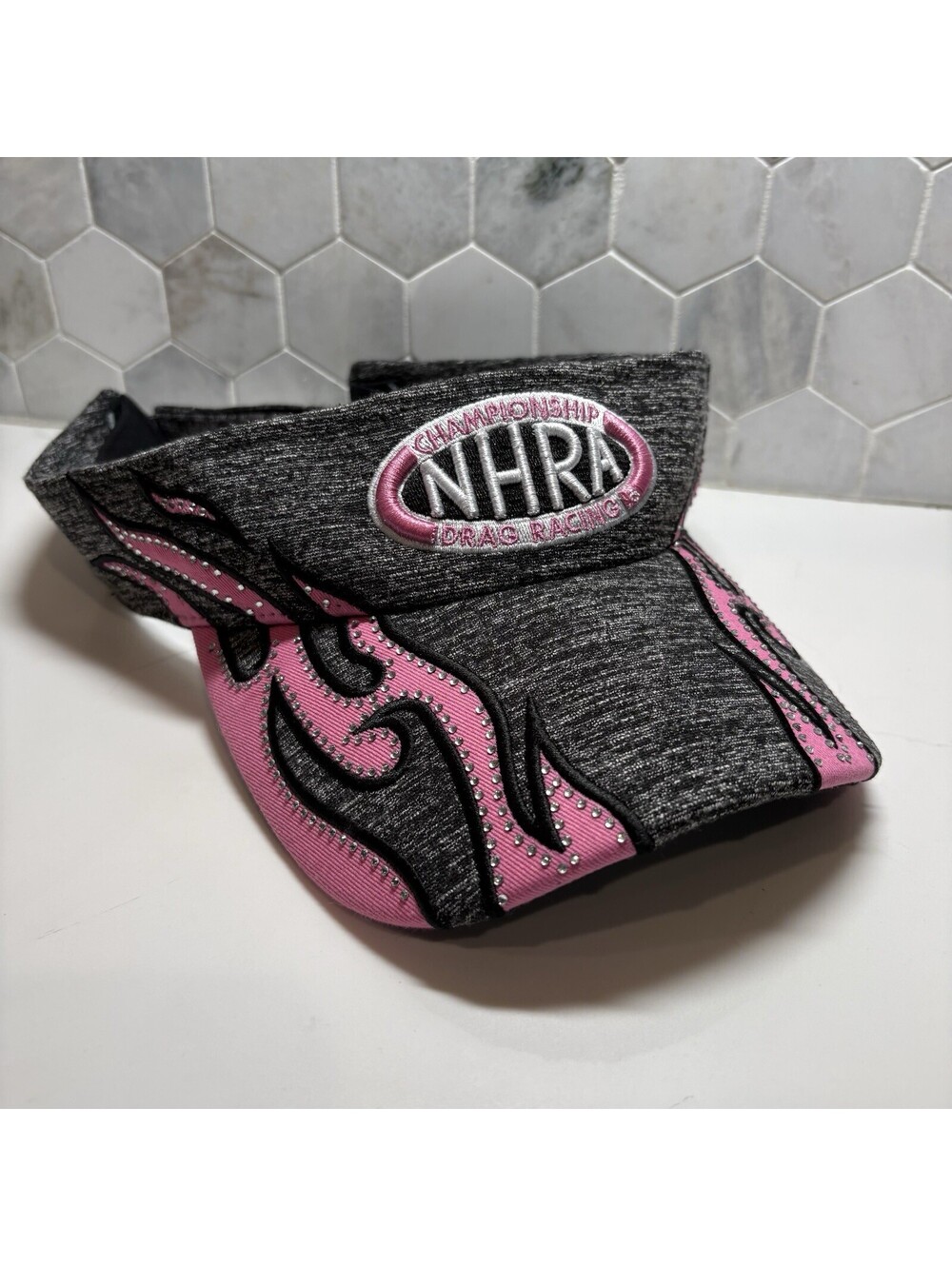 NHRA Drag Racing Visor Women's Adjustable Cap Gray Pink Dazzl Flames Embroidered
